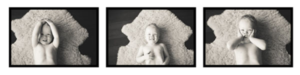 3 photos of baby on lamb skin rug